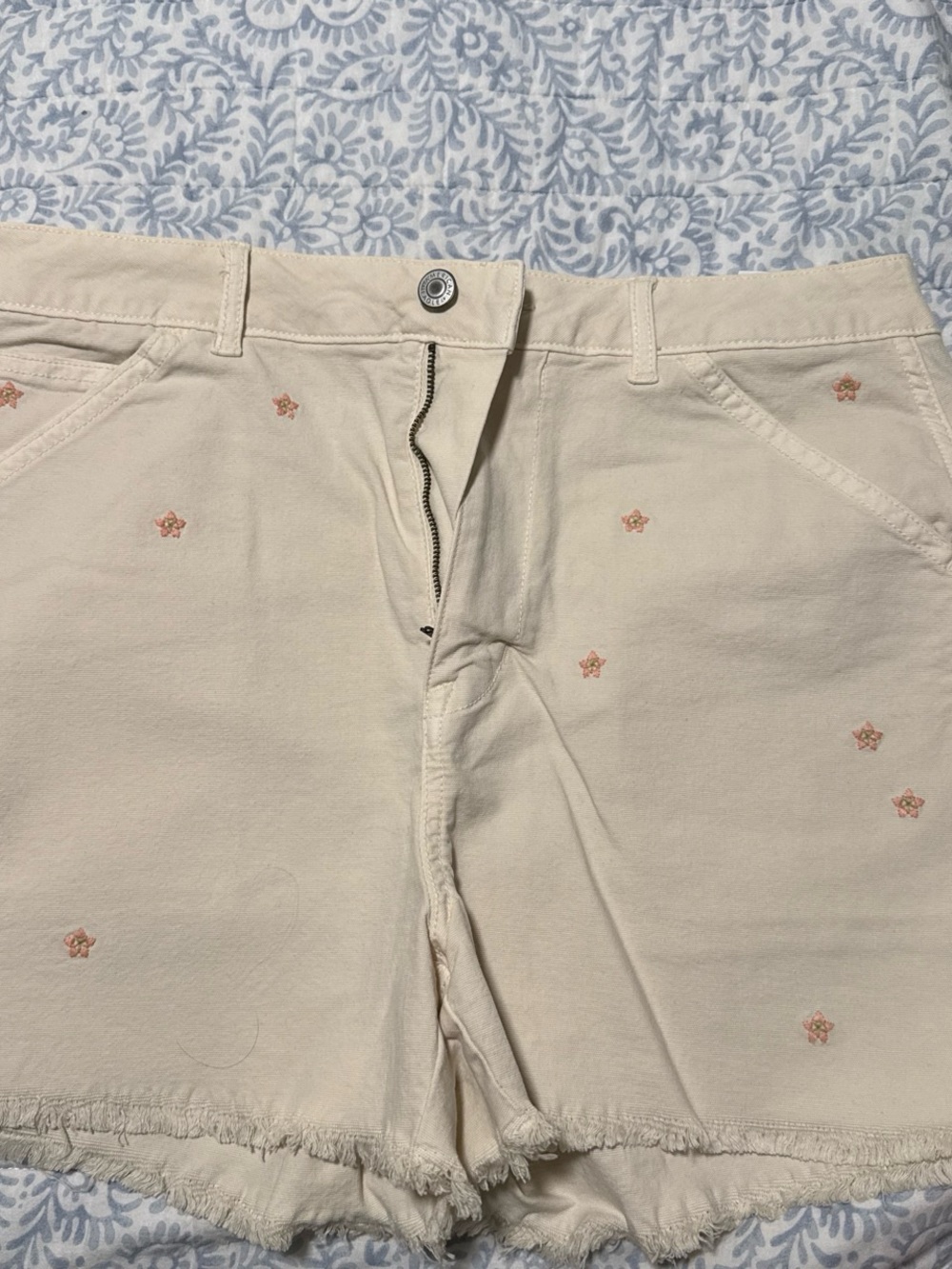 American Eagle Outfitters Cream Jean Shorts with Pink Star Embroidery